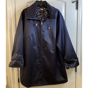 Dennis Basso Women's Satin Navy Raincoat 2X Water Resistant Full Zip Hood Lined